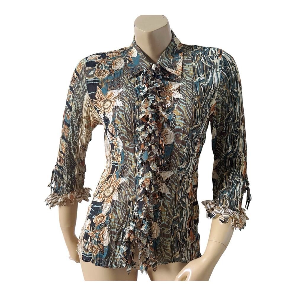VIOLET & CLAIRE Womens Size Small Sheer Ruffled Button Up Collar Crinkle Shirt